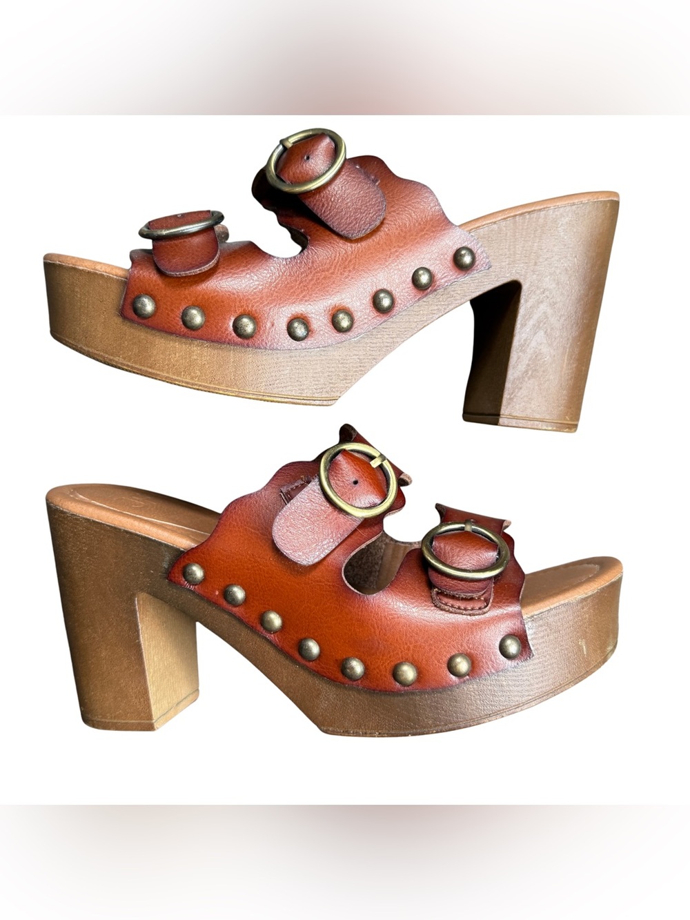 JustFab Brown Faux Leather Studded Platform Clog Mules